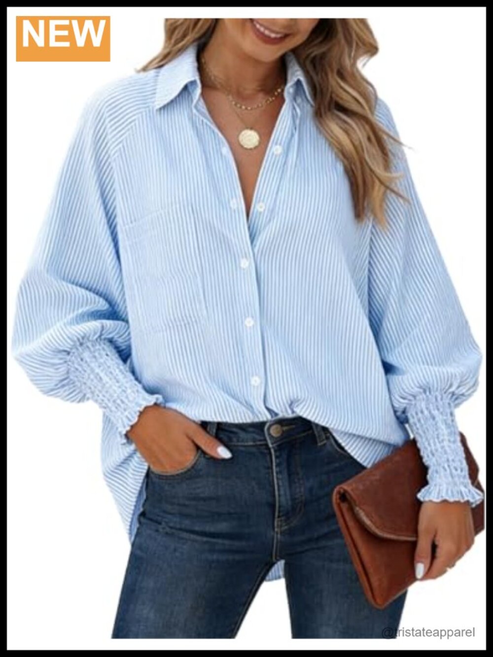 Oversized Button Down Striped Long Sleeve Smocked Cuff Casual Blouse